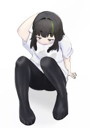 Rule 34 | 1girl, absurdres, black hair, black pantyhose, feet, full body, highres, inno, legs, no shoes, original, pantyhose, shirt, short hair, simple background, sitting, solo, toes, white shirt