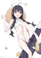 Rule 34 | 1girl, ?, @ @, absurdres, armpits, barefoot, bei liou, bikini, black hair, blue archive, bow, bowtie, braid, breasts, feet, foot out of frame, grey halo, halo, hand on own thigh, hand up, hat, highres, knee up, leaf print, long hair, looking at viewer, lying, miyu (blue archive), miyu (swimsuit) (blue archive), navel, on back, open mouth, pink eyes, shadow, simple background, small breasts, solo, starfish, straw hat, swimsuit, thighs, toenails, toes, twin braids, twitter username, white background, white bikini, white bow, white bowtie