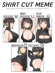 Rule 34 | 1girl, absurdres, arms up, back, black hair, blush, breasts, cleavage, cleavage cutout, closed mouth, clothing cutout, colored inner hair, cropped sweater, english text, green hair, highres, jewelry, large breasts, looking at viewer, meme, miru (ormille), mole, mole on breast, mole under eye, multicolored hair, multiple drawing challenge, multiple views, navel, necklace, original, ormille, purple eyes, revealing clothes, shirt cut meme, shirt cut meme, short hair, short ponytail, sideboob, sleeveless, sleeveless sweater, spaghetti strap, sweater, two-tone hair, underboob