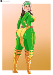 Rule 34 | 1girl, artist name, ass, ass focus, badshipperz, blush, bodysuit, boots, breasts, brown hair, come hither, from behind, gloves, green eyes, headband, high heel boots, high heels, highres, huge ass, large breasts, long hair, looking at viewer, looking back, marvel, multicolored hair, open mouth, parted lips, rogue (x-men), shiny clothes, sideboob, skin tight, smile, solo, thick thighs, thigh boots, thighs, two-tone hair, white hair, x-men