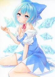 Rule 34 | 1girl, bare legs, bare shoulders, between legs, blue bow, blue dress, blue eyes, blue hair, blush, bow, breasts, choker, cirno, commentary request, dress, eyebrows hidden by hair, eyes visible through hair, food, foot out of frame, hair between eyes, hair bow, hand between legs, highres, holding, ice, ice wings, looking at viewer, medium breasts, natsume nadeshiko, neck ribbon, off shoulder, parted lips, popsicle, ribbon, ribbon choker, short hair, simple background, sitting, solo, touhou, wariza, white background, wings