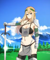 Rule 34 | 1girl, armor, bikini armor, blonde hair, blue eyes, breasts, cloud, collarbone, day, earrings, elf, forest, hand on hilt, hayabusa, jewelry, large breasts, long hair, mountain, nature, navel, necklace, original, panties, pauldrons, pelvic curtain, pointy ears, shoulder armor, skindentation, sky, smile, solo, sword, thighhighs, underwear, weapon, wreath, zr