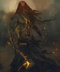 Rule 34 | 1boy, closed mouth, covering face, cracked skin, elden ring, great rune (elden ring), hammer, highres, holding, holding hammer, hole in chest, hole on body, long hair, radagon of the golden order, red hair, shimhaq, signature, topless male, waist cape