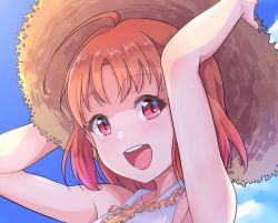 Rule 34 | ahoge, bare arms, day, frills, hat, kanabun, looking at viewer, love live!, love live! sunshine!!, open mouth, orange hair, red eyes, short hair, sky, smile, solo, sun hat, takami chika