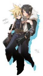 Rule 34 | 0087 ni, 2boys, armor, asymmetrical armor, bandaged arm, bandages, belt, black gloves, black jacket, black pants, blonde hair, blue eyes, blue pants, blush, brown gloves, brown hair, character name, cloud strife, commentary request, couple, dated, drop shadow, earrings, fang, final fantasy, final fantasy vii, final fantasy viii, full body, fur-trimmed jacket, fur trim, gloves, hand on another&#039;s arm, heart, highres, hoop earrings, hug, hug from behind, jacket, jewelry, leather belt, long sleeves, looking back, male focus, multiple belts, multiple boys, necklace, open clothes, open jacket, pants, pauldrons, puffy pants, scar, scar on face, scar on forehead, shirt, short hair, shoulder armor, single pauldron, skin fang, sleeveless, sleeveless turtleneck, spiked hair, spoken heart, squall leonhart, studded belt, suspenders, sweatdrop, turtleneck, white background, white shirt, yaoi