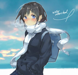 Rule 34 | 1girl, bad id, bad pixiv id, bag, black hair, blue eyes, blush, coat, cold, english text, hands in pockets, long hair, looking at viewer, original, scarf, school bag, skirt, sky, solo, taxi (owp)