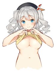 Rule 34 | 1girl, areola slip, arms up, bare arms, bekotarou, beret, black hat, blue eyes, blush, breasts, clothes lift, commentary request, hat, highres, kantai collection, kashima (kancolle), large breasts, lifting own clothes, looking at viewer, navel, short hair, short twintails, silver hair, simple background, skirt, solo, stomach, tareme, twintails, upper body, wavy hair, white background