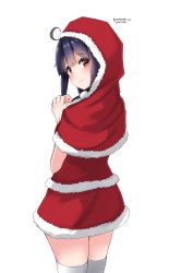 Rule 34 | 1girl, absurdres, ahoge, blush, cape, cowboy shot, dated, from behind, fur-trimmed cape, fur-trimmed skirt, fur trim, highres, kantai collection, long hair, looking at viewer, looking back, numarinko, official alternate costume, purple hair, red cape, red eyes, santa costume, simple background, skirt, solo, taigei (kancolle), thighhighs, twitter username, wavy mouth, white background, white thighhighs
