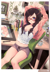 Rule 34 | 1girl, :o, absurdres, armpits, artist name, blue eyes, book, breasts, brown hair, camisole, cleavage, coffee, coffee mug, copyright name, cup, desk, drawing, drawing tablet, glasses, highres, holding own arm, indoors, long hair, medium breasts, midriff, mug, navel, one eye closed, original, plant, potted plant, red-framed eyewear, short shorts, shorts, solo, stretching, swivel chair, yoshino ryou