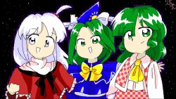 Rule 34 | 3girls, :d, bad id, bad pixiv id, bow, closed mouth, commentary request, eyes visible through hair, green eyes, green hair, hair between eyes, hair ornament, kazami yuuka, kazami yuuka (pc-98), long hair, long sleeves, looking at viewer, mima (touhou), multiple girls, night, night sky, open mouth, ribumin, shinki (touhou), simple background, sky, smile, standing, touhou, touhou (pc-98), upper body, white bow, white eyes, white hair, zun (style)