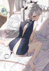 Rule 34 | 1girl, ass, bare shoulders, barefoot, bed, black panties, black shirt, commentary request, curtains, from above, grey hair, hair ribbon, hayashi kewi, hospital bed, long hair, looking at viewer, looking back, on bed, original, panties, pillow, ribbon, shirt, side-tie panties, sitting, sleeveless, sleeveless shirt, solo, thighs, twintails, underwear, untied panties, very long hair, wariza, yellow eyes
