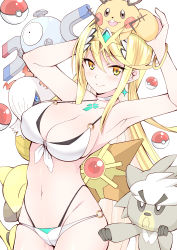 Rule 34 | 1girl, abra, absurdres, alternate costume, bikini, blonde hair, blush, breasts, chest jewel, cleavage, creatures (company), crossover, daive, dedenne, earrings, front-tie bikini top, front-tie top, game freak, gen 1 pokemon, gen 5 pokemon, gen 6 pokemon, gen 8 pokemon, highres, jewelry, kubfu, large breasts, larvesta, legendary pokemon, looking at viewer, magnemite, midriff, mythra (xenoblade), navel, nintendo, o-ring, o-ring bikini, on head, poke ball, poke ball (basic), pokemon, pokemon (creature), pokemon on head, simple background, smile, staryu, swimsuit, tiara, white background, white bikini, xeno (series), xenoblade chronicles (series), xenoblade chronicles 2, yellow eyes
