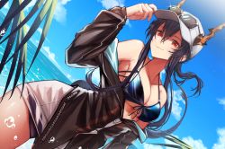 Rule 34 | 1girl, absurdres, arknights, bare shoulders, baseball cap, bikini, bikini under clothes, black hair, black jacket, blue bikini, blue sky, breasts, ch&#039;en (arknights), ch&#039;en the holungday (arknights), cleavage, closed mouth, clothes writing, collarbone, cowboy shot, day, dragon girl, dragon horns, dragon tail, dutch angle, hair between eyes, hand up, hat, highres, horns, horns through headwear, jacket, large breasts, long sleeves, looking at viewer, ocean, off shoulder, official alternate costume, open clothes, open jacket, outdoors, paszuto, red eyes, sky, smile, solo, sunglasses, sunlight, swimsuit, tail, underboob, water, white hat