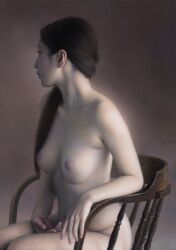 Rule 34 | 1girl, armchair, asian, black hair, breasts, chair, highres, long hair, looking to the side, medium breasts, navel, nude, oil painting (medium), original, painting (medium), realistic, sitting, solo, traditional media, uno kazuhiro, wooden chair