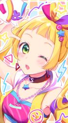 Rule 34 | 10s, 1girl, ;o, aikatsu! (series), aikatsu friends!, anoa, arm up, armpits, bad id, bad pixiv id, bandeau, black choker, blonde hair, blush, breasts, chain necklace, chestnut mouth, choker, chromatic aberration, commentary request, detached sleeves, diagonal stripes, earrings, green eyes, hair ornament, hair ribbon, hinata ema (aikatsu friends!), jewelry, long hair, multicolored background, multicolored ribbon, necklace, one eye closed, open clothes, open mouth, open vest, ribbon, round teeth, single detached sleeve, small breasts, solo, speech bubble, star (symbol), star hair ornament, striped, teeth, translation request, triangle earrings, twintails, upper body, upper teeth only, vest, yellow vest