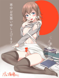 Rule 34 | 1boy, black thighhighs, blue eyes, blush, book, brown hair, censored, crossdressing, heart, heart censor, lifting own clothes, looking at viewer, nipples, parko nagashima, penis, short hair, sitting, skirt, solo, testicles, thighhighs, tongue, tongue out, trap