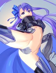 Rule 34 | bow, breasts, fate (series), hair bow, hidezi, highres, light smile, looking at viewer, looking down, maebari, meltryllis (fate), purple eyes, purple hair, small breasts, solo, thighhighs, thighs