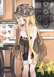 Rule 34 | 1girl, absurdres, blonde hair, blue eyes, blush, breasts, brown hat, brown skirt, cleavage, collarbone, day, fingers to mouth, glasses, hat, highres, leaning forward, long hair, looking at viewer, medium breasts, original, outdoors, parted lips, paryi, skirt, sleeveless, solo, standing, very long hair, window