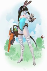 Rule 34 | 2girls, animal ears, bare shoulders, black hair, blue leotard, blue sky, boots, breasts, carrot, choker, cloud, commentary, day, easter, easter egg, egg, elbow gloves, fake animal ears, full body, gloves, gun, high heel boots, high heels, highres, holding, holding gun, holding weapon, legband, leotard, long hair, medium breasts, multiple girls, nikusenpai, outdoors, overwatch, overwatch 1, peeking out, ponytail, rabbit, rabbit ears, sky, solo focus, standing, thigh strap, tracer (overwatch), very long hair, weapon, white choker, white legwear, widowmaker (overwatch), yellow eyes
