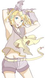 Rule 34 | 1girl, :p, armpits, arms up, blonde hair, blue eyes, colorized, headphones, highres, kagamine rin, kawanok, shorts, simple background, smile, solo, tongue, tongue out, vocaloid, white background