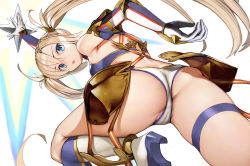 Rule 34 | 1girl, arm up, armor, ass, bare shoulders, bikini, blonde hair, blue eyes, blush, bradamante (fate), braid, commentary request, crown braid, duplicate, elbow gloves, fate/grand order, fate (series), faulds, french braid, from below, gloves, hair between eyes, highres, long hair, looking at viewer, looking down, nyatabe, open mouth, simple background, solo, swimsuit, thigh strap, thighs, twintails, two-tone bikini, very long hair, white background