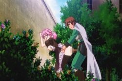 Rule 34 | 1boy, 1girl, against wall, animated, ass, bent over, blue eyes, breasts, breasts out, cape, censored, glasses, hetero, nipples, pink hair, rance (series), rance 01, ribbon, sex, sill plain, vaginal