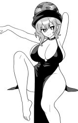 Rule 34 | 1girl, black headwear, breasts, closed mouth, dress, feet out of frame, hecatia lapislazuli, huge breasts, looking at viewer, medium hair, monochrome, onkn sxkn, simple background, sitting, sleeveless, sleeveless dress, thighs, touhou, white background