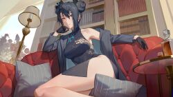 Rule 34 | 1girl, absurdres, agent (girls&#039; frontline), black gloves, black hair, blue archive, book, bookshelf, bottle, breasts, butterfly hair ornament, china dress, chinese clothes, commission, cosplay, couch, double bun, dragon print, dress, girls&#039; frontline, gloves, hair bun, hair ornament, highres, indoors, jacket, kisaki (blue archive), kisaki (blue archive) (cosplay), lamp, looking at viewer, medium breasts, on couch, pelvic curtain, pillow, pinstripe jacket, pinstripe pattern, pixiv commission, print dress, ren huozhe, sangvis ferri, solo, striped clothes, striped jacket, table, vertical-striped clothes, vertical-striped jacket, yellow eyes