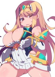Rule 34 | 1girl, blonde hair, breasts, cleavage, cleavage cutout, clothing cutout, covered navel, dress, gloves, gluteal fold, headpiece, highres, large breasts, looking at viewer, mythra (xenoblade), nintendo, solo, swept bangs, tiara, xenoblade chronicles (series), xenoblade chronicles 2, yellow eyes, zankuro
