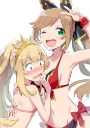 Rule 34 | 2girls, alternate costume, bad id, bad twitter id, bikini, blonde hair, blush, breasts, brown hair, cagliostro (granblue fantasy), clarisse (granblue fantasy), gotyou, granblue fantasy, green eyes, hair ribbon, hands on another&#039;s chest, long hair, multiple girls, one eye closed, ponytail, purple eyes, ribbon, side-tie bikini bottom, sideboob, simple background, smile, swimsuit, tiara, wavy mouth, white background