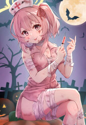 Rule 34 | 1girl, animal, ass, bandaged arm, bandaged chest, bandaged leg, bandages, bat (animal), blue archive, blush, breasts, cleavage, closed mouth, collarbone, dress, full body, graveyard, hair between eyes, hair ribbon, halloween, halloween costume, halo, hat, highres, holding, holding syringe, jack-o&#039;-lantern, looking at viewer, matsu520, medium breasts, nurse cap, one side up, pink dress, pink eyes, pink hair, red ribbon, revision, ribbon, serina (blue archive), serina (nurse) (blue archive), short hair, short sleeves, smile, solo, syringe, tombstone, tongue, tongue out, white hat, yellow halo