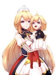 Rule 34 | 2girls, absurdres, azur lane, black gloves, blonde hair, child, crown, dress, family, french flag, gloves, highres, jewelry, long hair, mother and daughter, multiple girls, musanix, pink eyes, red thighhighs, ribbon, richelieu (azur lane), ring, signature, smile, thighhighs, wedding ring, white background, white dress