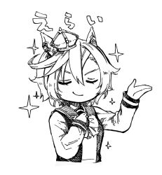 Rule 34 | 1girl, animal ears, arm up, bow, bowtie, closed eyes, closed mouth, cropped torso, crown, ear piercing, greyscale, hair between eyes, hand on own chest, highres, horse ears, long sleeves, mame nabe donko, mini crown, monochrome, piercing, sailor collar, school uniform, shirt, short hair, smile, solo, sparkle, t.m. opera o (umamusume), tracen school uniform, traditional media, umamusume, upper body