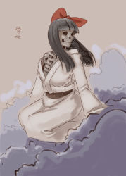 Rule 34 | 1girl, black hair, blunt bangs, bow, cloud, commentary request, hair bow, hime cut, japanese clothes, kimono, long hair, monster girl, off shoulder, original, sashizume soutarou, skeleton, solo