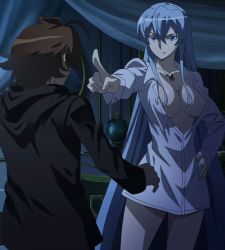 Rule 34 | 10s, 1boy, 1girl, akame ga kill!, blue hair, breasts, brown hair, esdeath, highres, large breasts, long hair, pointing, screencap, square enix, standing, stitched, tatsumi (akame ga kill!), tattoo, third-party edit, very long hair