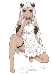 1girl absurdres apron azur_lane bare_shoulders barefoot black_choker blunt_bangs breasts brown_eyes choker cream cream_on_body cream_on_face dark-skinned_female dark_skin food food_on_face frilled_apron frills green_pupils highres long_hair looking_at_viewer maid nubian_(azur_lane) nubian_(the_modern-day_clumsy_maid_escapade)_(azur_lane) official_alternate_costume on_one_knee parted_lips simple_background small_breasts solo thigh_strap toes triangle_mouth white_apron white_background white_hair xin_sanmu