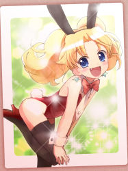 Rule 34 | 1girl, :d, animal ears, bad id, bad pixiv id, blue eyes, blush, bow, bowtie, rabbit ears, rabbit tail, playboy bunny, earrings, fake animal ears, fake tail, fang, high heels, highres, jewelpet (series), jewelpet twinkle, jewelry, miria marigold mackenzie, nail polish, nyama, open mouth, shoes, smile, solo, star-shaped pupils, star (symbol), star earrings, symbol-shaped pupils, tail, thighhighs, wrist cuffs
