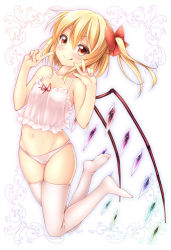 Rule 34 | 1girl, :q, blonde hair, blush, bow, camisole, double v, feet, female focus, flandre scarlet, frilled panties, frills, groin, hair bow, highres, long hair, looking at viewer, navel, no shoes, nullken, panties, red eyes, side ponytail, skindentation, smile, solo, thighhighs, tongue, tongue out, touhou, underwear, underwear only, v, white panties, white thighhighs, wings