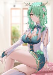 Rule 34 | 1girl, alternate costume, antlers, blush, braid, braided bangs, breasts, ceres fauna, cleavage, dress, flower, french braid, green hair, hair flower, hair ornament, hand on table, highres, hololive, hololive english, horns, jewelry, looking at viewer, medium breasts, medium hair, mole, mole under eye, pigeon (wejil), ring, simple background, single braid, sitting, solo, table, thighs, virtual youtuber, window, yellow eyes