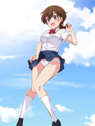 Rule 34 | 1girl, blue eyes, blue footwear, blue skirt, bow, bow panties, bowtie, breasts, brown hair, clothes lift, cloud, day, furrowed brow, gabao (mattari 2019), hair between eyes, hair ornament, hairclip, kneehighs, loafers, medium breasts, open mouth, panties, pleated skirt, red bow, red bowtie, rifle is beautiful, school uniform, shibusawa izumi, shoes, short sleeves, skirt, skirt lift, sky, socks, solo, standing, underwear, white panties, white socks