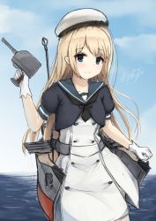 Rule 34 | 1girl, blonde hair, blue eyes, blue sailor collar, blue sky, cannon, cowboy shot, day, dress, driftkingtw, gloves, hat, highres, horizon, jervis (kancolle), kantai collection, long hair, looking at viewer, machinery, ocean, outdoors, sailor collar, sailor dress, sailor hat, short sleeves, signature, sky, smile, solo, turret, water, white dress, white gloves, white hat
