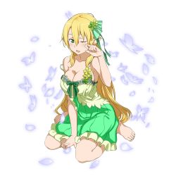 Rule 34 | 1girl, barefoot, blonde hair, blush, breasts, bug, butterfly, cleavage, feet, full body, green eyes, hand on own cheek, hand on own face, highres, insect, insect on head, large breasts, leafa, long hair, official art, open mouth, pointy ears, ponytail, sitting, solo, strap slip, sword art online, toes, transparent background, wariza