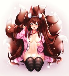 Rule 34 | 1girl, :o, animal ear fluff, animal ears, bad id, bad twitter id, black thighhighs, breasts, breasts apart, brown hair, censored, fang, fluffy, fox ears, fox girl, fox tail, green eyes, heart, heart censor, highres, jacket, kitsune, kyuubi, large breasts, long hair, long sleeves, looking at viewer, multiple tails, navel, necktie, no bra, no panties, open clothes, open jacket, open mouth, open shirt, original, pink jacket, plushmallow, red necktie, seiza, shirt, shouu-kun, sitting, solo, star (symbol), stomach, striped clothes, striped thighhighs, tail, thighhighs, tongue, tongue out, twintails, very long hair, white shirt