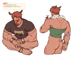 Rule 34 | 1boy, animal ear request, ankle cuffs, ass, bad id, bad postype id, bara, blush, check copyright, convenient arm, copyright request, cropped legs, cross scar, crossed legs, cuffs, dark-skinned male, dark skin, embarrassed, flower, flower necklace, handcuffs, highres, jewelry, large pectorals, male focus, multiple views, muscular, muscular male, necklace, orange hair, original, pectorals, scar, scar on arm, scar on face, scar on nose, short hair, short tail, sitting, sweatdrop, syabbal-i, tail, thick thighs, thighs, translation request