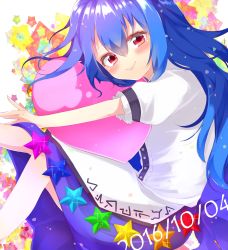 Rule 34 | 10s, 1girl, 2016, bad id, bad twitter id, blue hair, blue skirt, dated, heart, highres, hinanawi tenshi, long hair, looking at viewer, no headwear, no headwear, puffy short sleeves, puffy sleeves, red eyes, shio (shiojojo1), shirt, short sleeves, skirt, smile, solo, star (symbol), touhou, white shirt