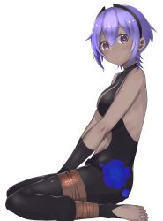 Rule 34 | 1girl, absurdres, bare arms, bare shoulders, barefoot, blush, bodysuit, breasts, dark-skinned female, dark skin, elbow gloves, eyebrows hidden by hair, fate/grand order, fate/prototype, fate/prototype: fragments of blue and silver, fate (series), fingerless gloves, gloves, hair between eyes, hairband, hassan of serenity (fate), highres, looking at viewer, open mouth, purple eyes, purple hair, short hair, simple background, sitting, solo, taruto (takug0812), toes, white background