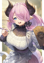 Rule 34 | 1girl, apron, aran sweater, blue eyes, braid, breasts, cable knit, cleavage, commentary request, crown braid, draph, granblue fantasy, hair over one eye, heart, heart-shaped pupils, highres, horns, jacket, large breasts, long hair, looking at viewer, mixed-language commentary, narmaya (granblue fantasy), open mouth, pink hair, pointy ears, purple hair, revision, single sidelock, smile, solo, sweater, symbol-shaped pupils, very long hair, waist apron, yuiko (yuiyuiko 108)