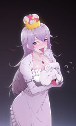 Rule 34 | 1girl, absurdres, boo (mario), breasts, closed eyes, colored tongue, covering own eyes, crown, dress, earrings, elbow gloves, gloves, highres, jewelry, light purple hair, long hair, luigi&#039;s mansion, mario (series), medium breasts, mini crown, necklace, new super mario bros. u deluxe, nintendo, nunvora, pale skin, princess king boo, purple eyes, purple tongue, sharp teeth, short sleeves, super crown, teeth, tilted headwear, tongue, tongue out, white dress, white gloves
