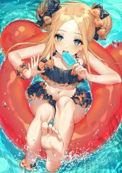 Rule 34 | 1girl, :d, abigail williams (emerald float) (fate), abigail williams (fate), bare legs, bare shoulders, barefoot, bikini, black bikini, black bow, blonde hair, blush, bow, breasts, cleavage, collarbone, commentary request, day, double bun, emerald float, fate/grand order, fate (series), feet, food, forehead, hair bow, hair bun, highres, holding, holding food, innertube, kinty, long hair, looking at viewer, lying, navel, official alternate costume, on back, open mouth, orange bow, outdoors, parted bangs, polka dot, polka dot bow, popsicle, round teeth, sidelocks, small breasts, smile, soles, solo, swim ring, swimsuit, teeth, upper teeth only, water, water surface