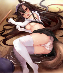 Rule 34 | 1girl, :o, alternate costume, animal ears, ass, bare shoulders, bdsm, black skirt, blush, breasts, broom, brown eyes, brown hair, bucket, cameltoe, chain, closed eyes, clothes lift, efe, embarrassed, enmaided, feet out of frame, gloves, hair between eyes, highres, imaizumi kagerou, long hair, looking at viewer, lying, maid, maid headdress, medium breasts, miniskirt, nose blush, on floor, on side, open mouth, panties, puddle, skindentation, skirt, solo, spill, strap slip, tail, tearing up, tears, teeth, thighhighs, thighs, touhou, underboob, underwear, upper body, upper teeth only, very long hair, water, wet, white gloves, white panties, white thighhighs, wolf ears, wolf tail, wooden floor